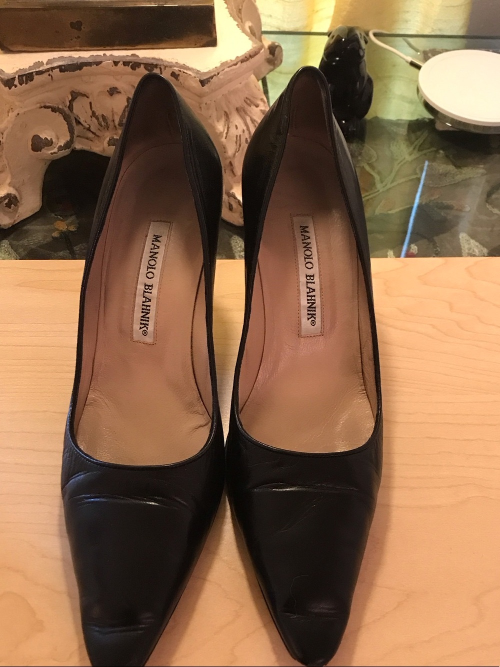 Manolo Blahnik Black Leather Pointed Pumps